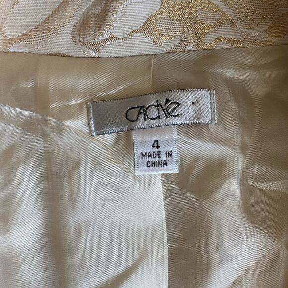 VINTAGE CACHE Cropped Jacket Womens Sz 4 Gold Jacquard Floral Print Flounce - Picture 7 of 8